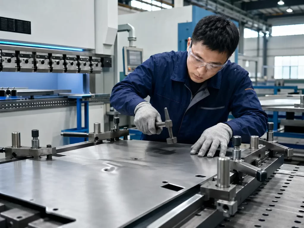 Technician correcting raised areas and local deformation in sheet metal fabrication