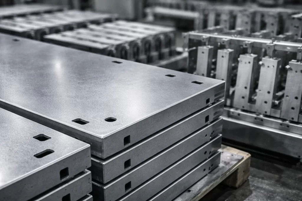 Close-up of phosphated sheet metal surface prepared for powder coating or painting