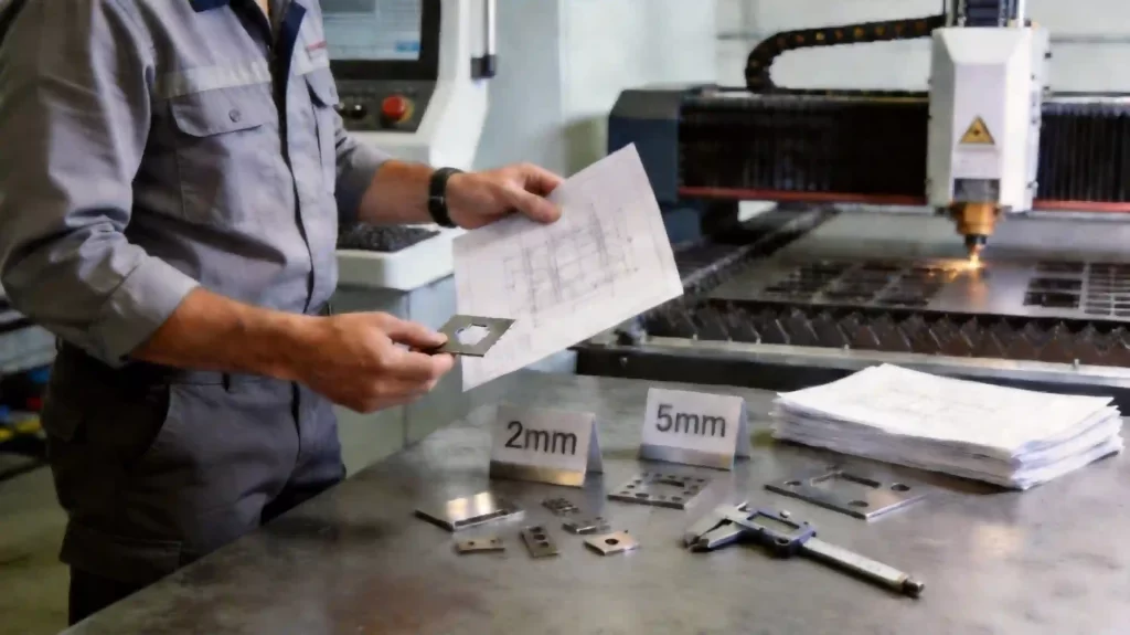 Engineer evaluating manganese steel laser cutting feasibility with drawings and sample parts