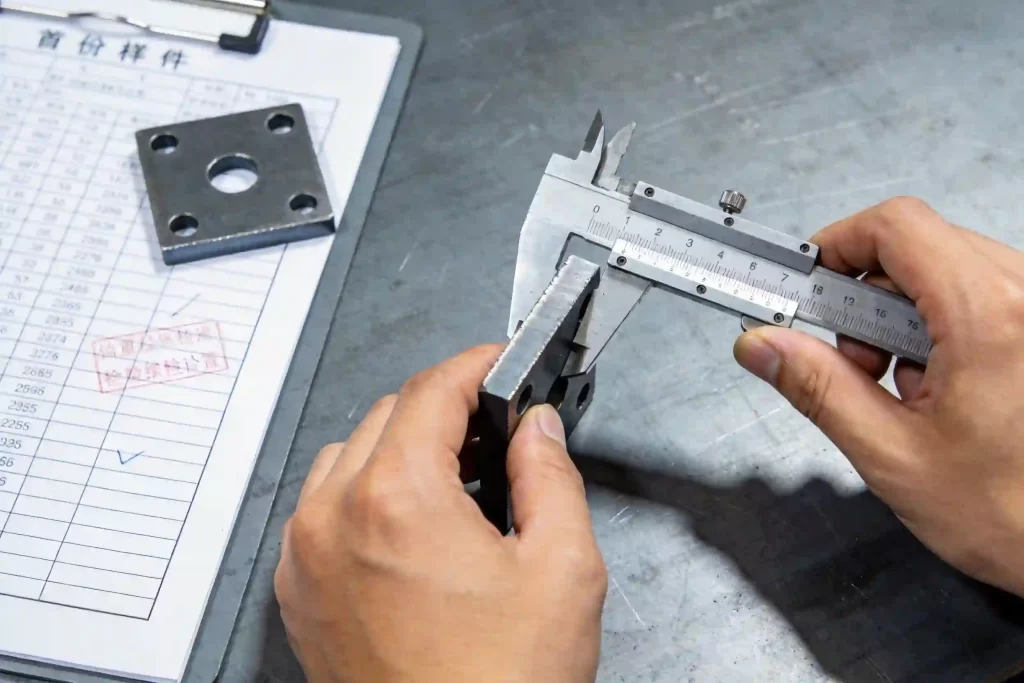 Quality inspection of laser cut manganese steel parts with caliper measurement