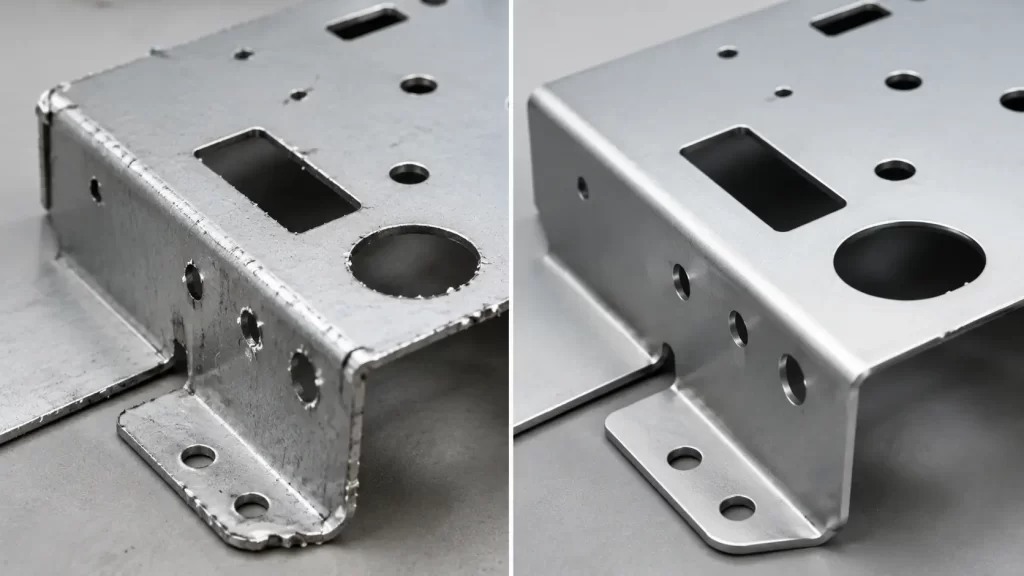 Before and after comparison of deburring on sheet metal edges