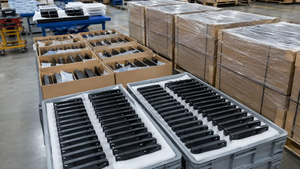 Bulk stamped steel brackets packed with VCI paper, foam separators and export pallet protection