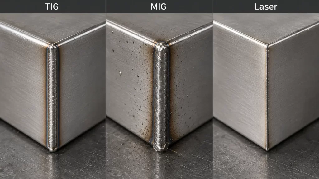 Close-up comparison of TIG, MIG and laser weld seams on 1.5mm 304 stainless steel enclosure corner joint, showing real weld bead appearance and heat-affected zone differences