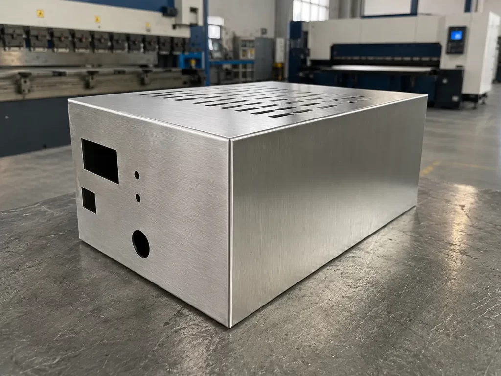 Custom stainless steel welded enclosure with brushed No.4 finish, precision bent corners and smooth weld seams, displayed on factory workbench with sheet metal workshop background
