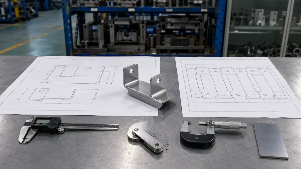 DFM review of a stamped steel bracket with part drawing, strip layout and measuring tools