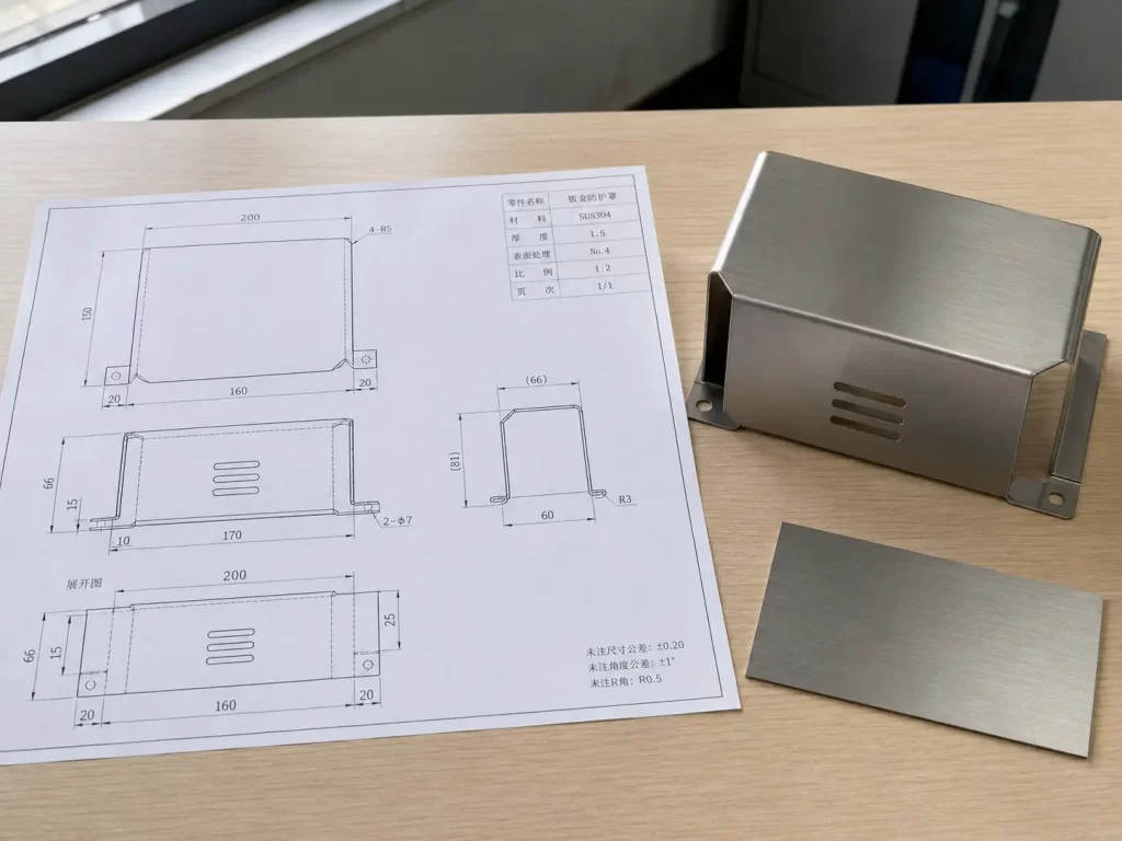 Engineering drawing placed alongside a finished stainless steel bent enclosure part and raw material sample.