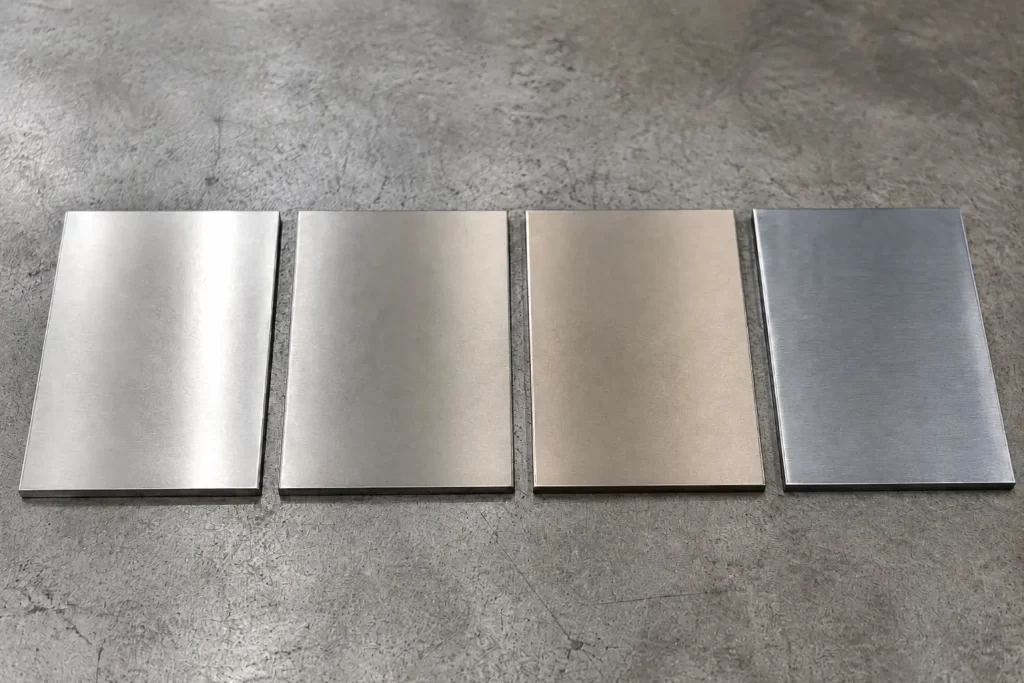 Four stainless steel grade samples (304, 316L, 201, 430) laid flat on factory inspection table, showing real color and surface texture differences in 2B mill finish