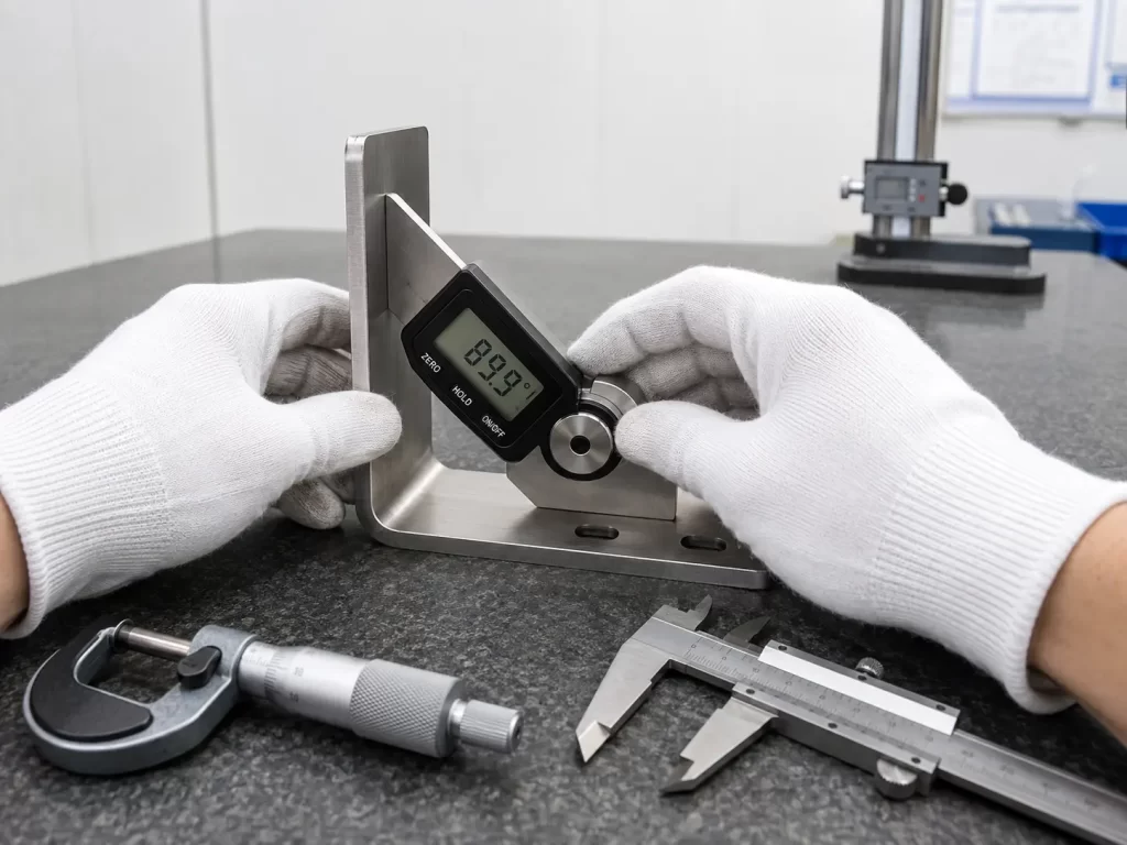 Quality inspector wearing white gloves measuring the bend angle of a 304 stainless steel L-bracket with a digital angle gauge on an inspection table, surrounded by calibrated measuring tools.