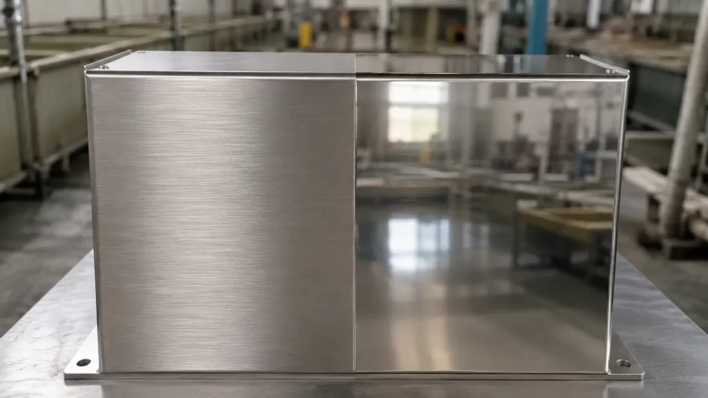 Split view of stainless steel enclosure showing No.4 brushed satin finish on left half and mirror-like electropolished finish on right half, with factory post-processing workshop background