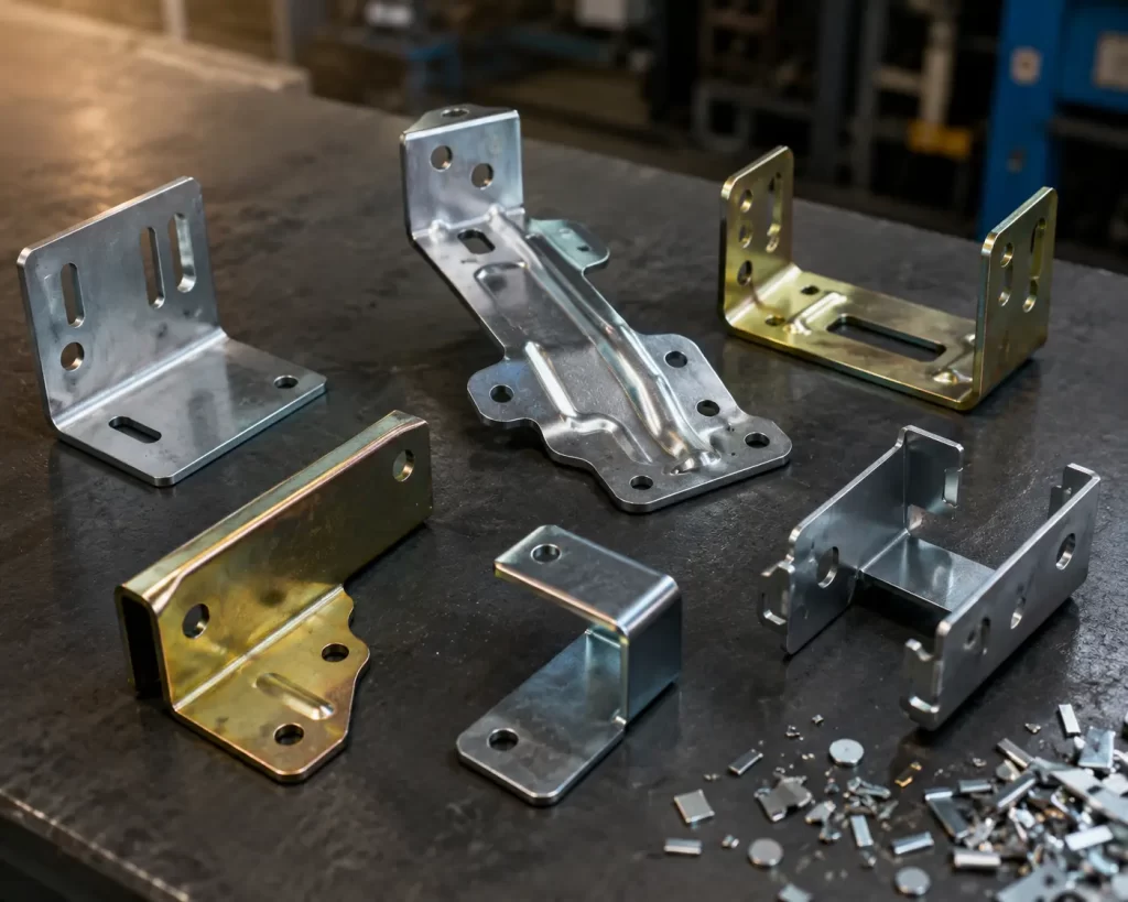 Array of precision stamped metal brackets in various shapes displayed on workstation