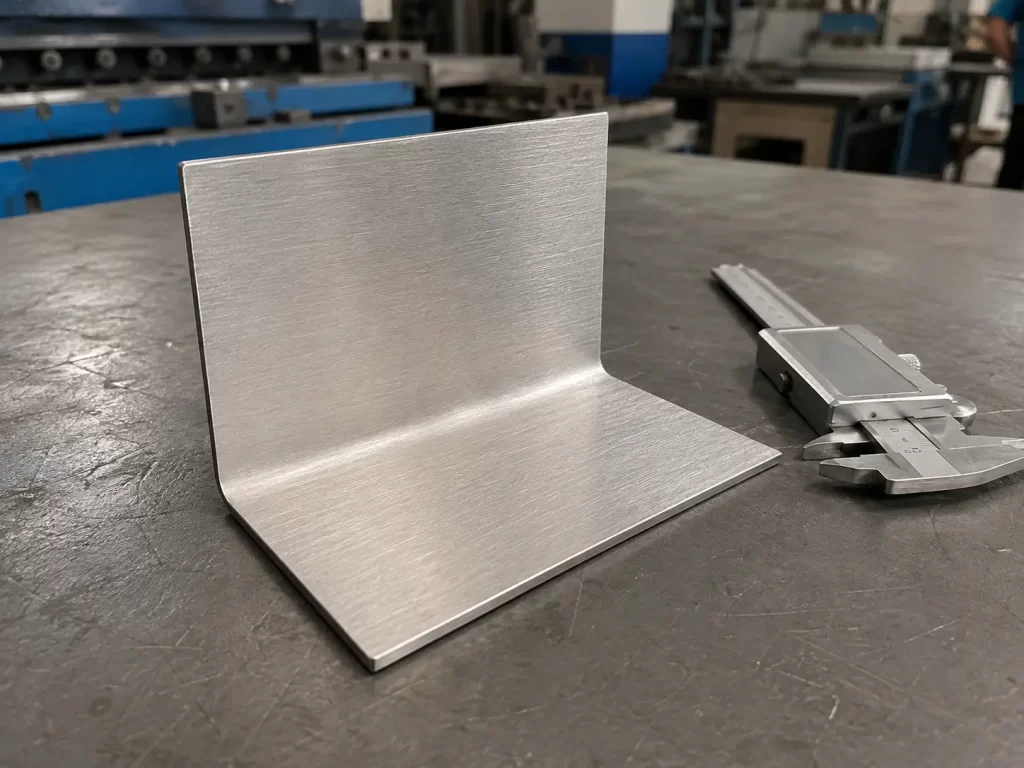 Brushed stainless steel L-bracket with continuous grain texture across a 90-degree bend, caliper alongside.