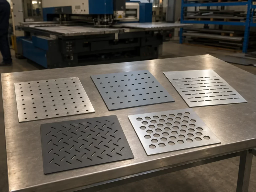 CNC punched perforated sheet metal parts in stainless steel, carbon steel, and aluminum with round, square, and slot hole patterns.
