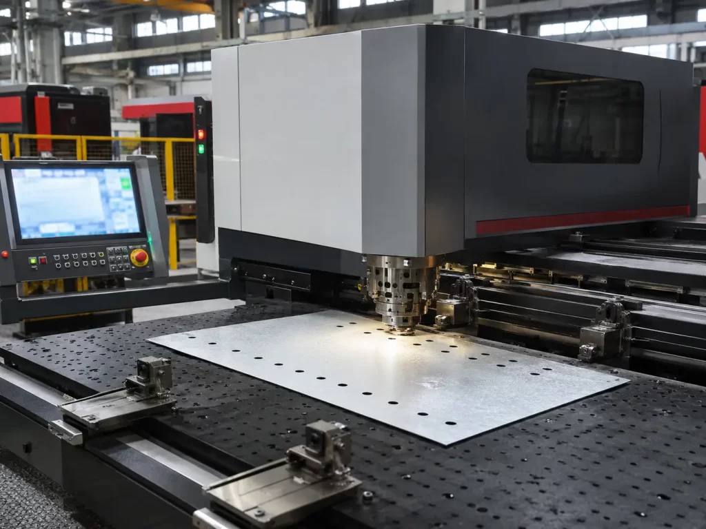 CNC turret punch press punching round holes on a galvanized steel sheet