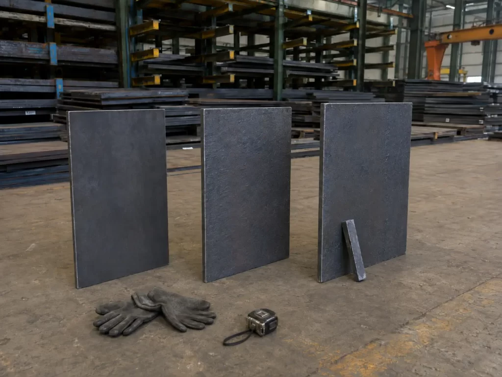 Carbon steel plates in 10mm, 20mm, and 30mm thicknesses with a laser-cut sample piece.