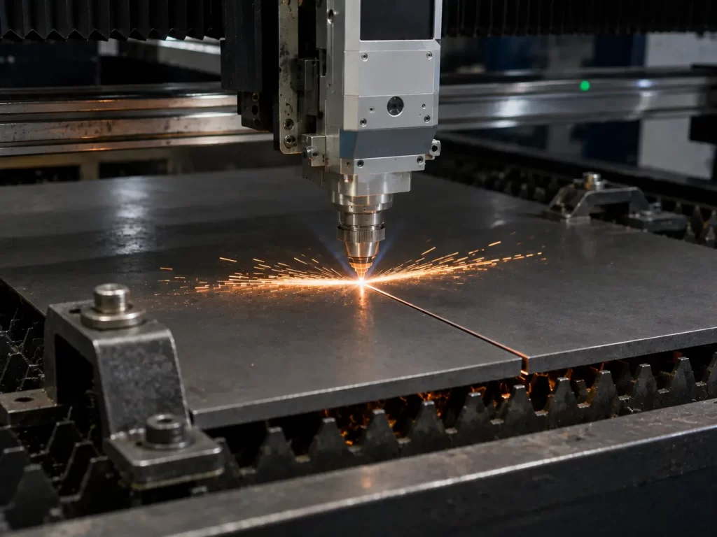 Fiber laser cutting through 25mm thick carbon steel plate with visible sparks and gas flow.
