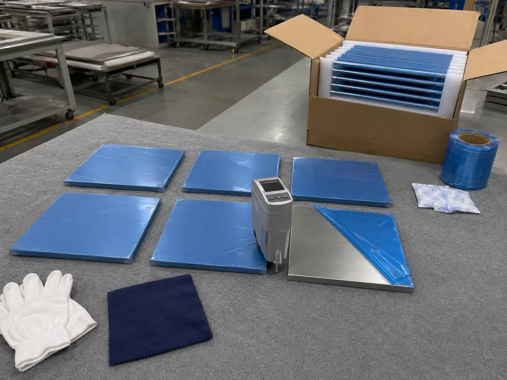 Inspection station with brushed stainless steel panels, surface roughness tester, and export packaging with foam separators.