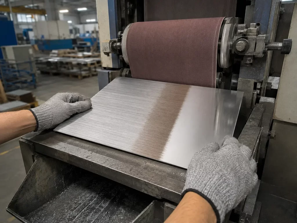 Stainless steel sheet passing through an abrasive belt brushing machine, showing transition from raw to brushed surface.