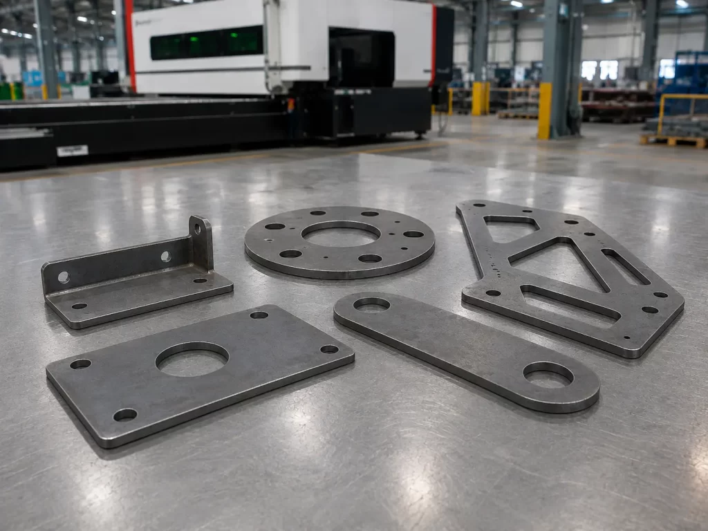 Thick carbon steel laser-cut parts from 12mm to 30mm on a workshop workbench.