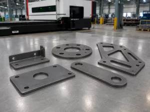 Thick carbon steel laser-cut parts from 12mm to 30mm on a workshop workbench.